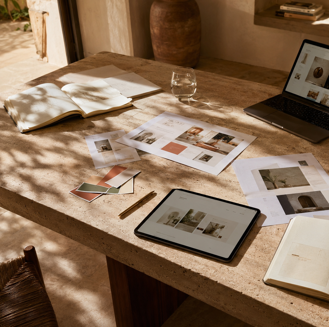Creative workspace with design materials and a computer.