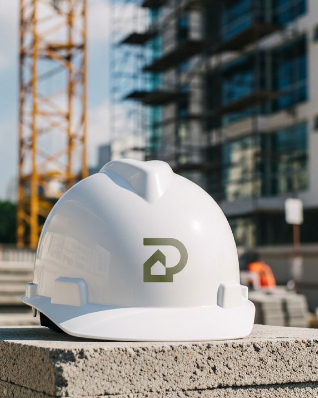 Identité de marque appliquée à un casque de chantier blanc