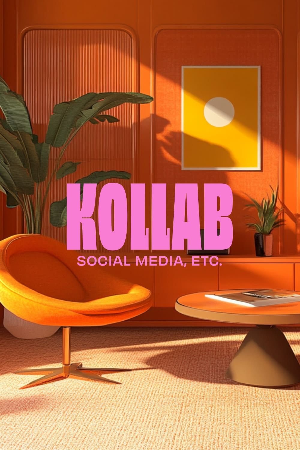 Identité Kollab intégrée dans un intérieur orange avec logotype rose