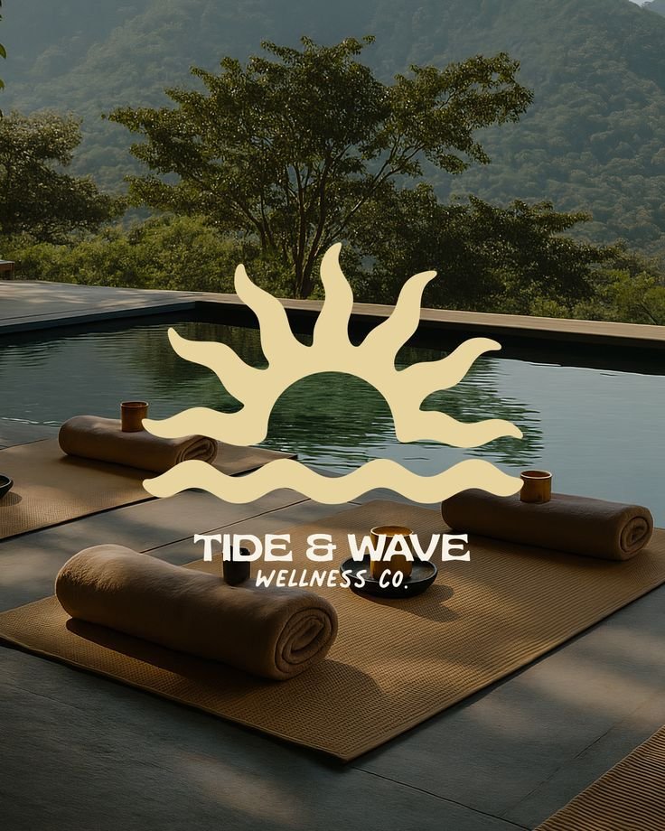 Identité Tide & Wave Wellness Co. dans un environnement de piscine et de nature