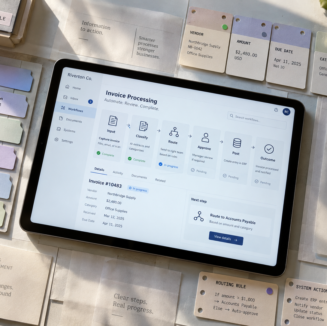 Business processes, data and tools connected around an AI interface.