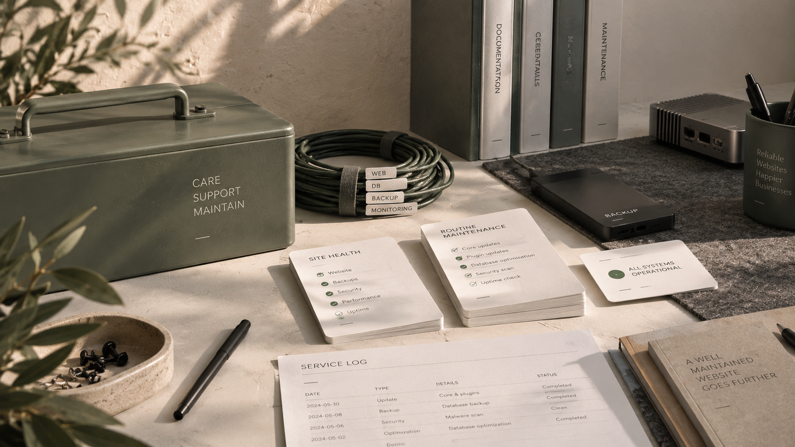 Web infrastructure, monitoring and maintenance presented in an editorial workspace.