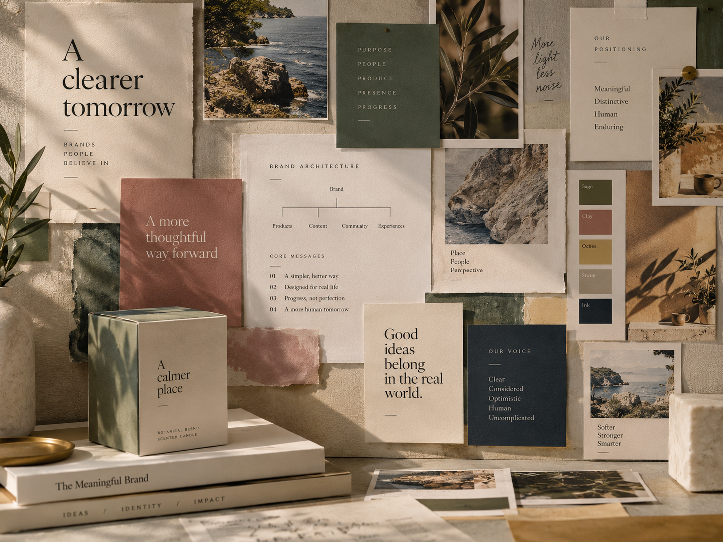 Brand identity moodboard with typography, colours and photography.