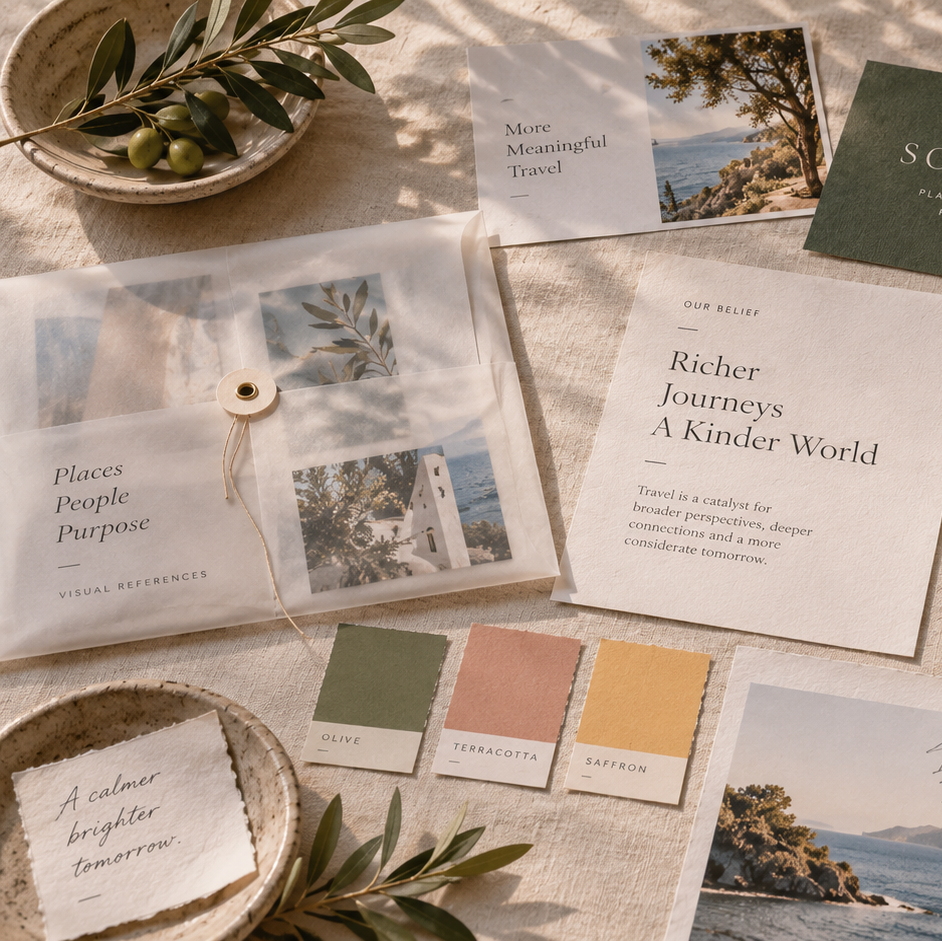 Brand documents, photography, typography and social content arranged on an editorial table.