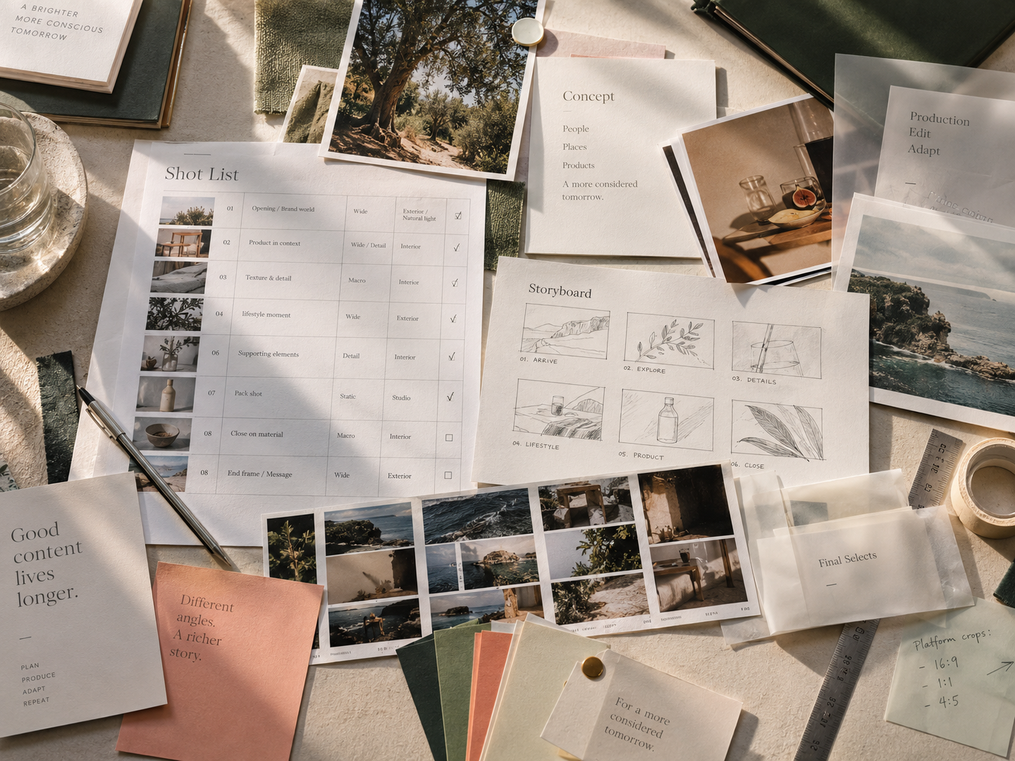 Editorial production scene with photography, storyboard and campaign materials.