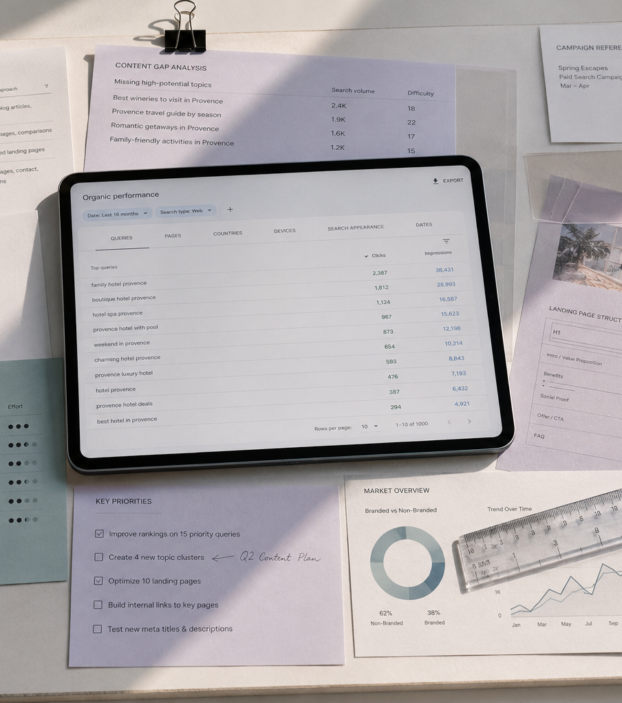 Marketing research, data and acquisition journeys shown on screen and printed materials.