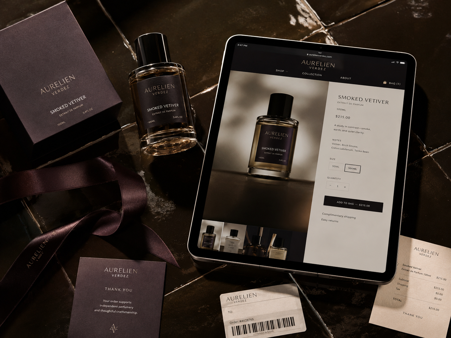 E-commerce interface showing a product page and purchase journey.